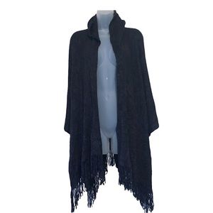 Y2K Black Hooded Fringe Trim Asymmetrical Drape Open Front Knit Jacket Coat Cape